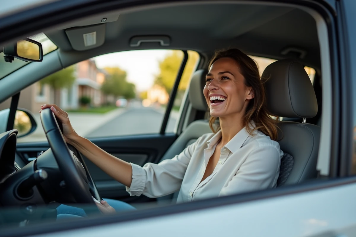 Femme souriante dans une voiture en stationnement résidentiel