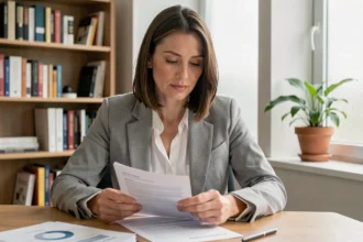 Femme consultant des documents d'assurance auto Aon à son bureau à domicile