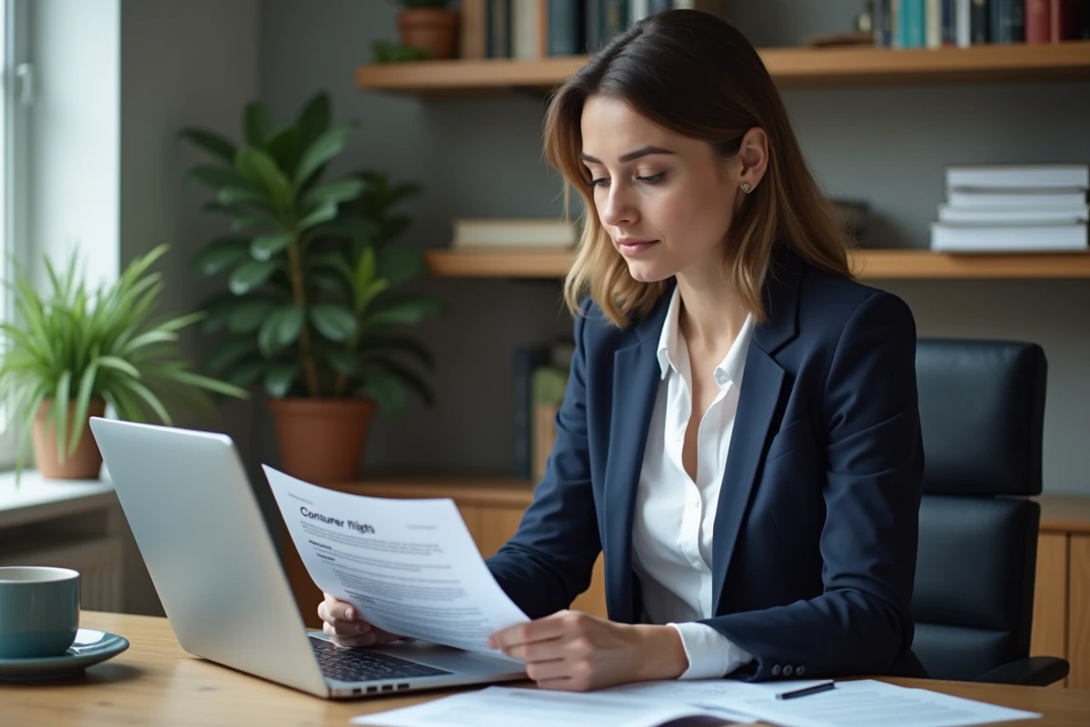 Femme consultant des documents relatifs à ses droits et remboursements suite à la fermeture d'un garage automobile