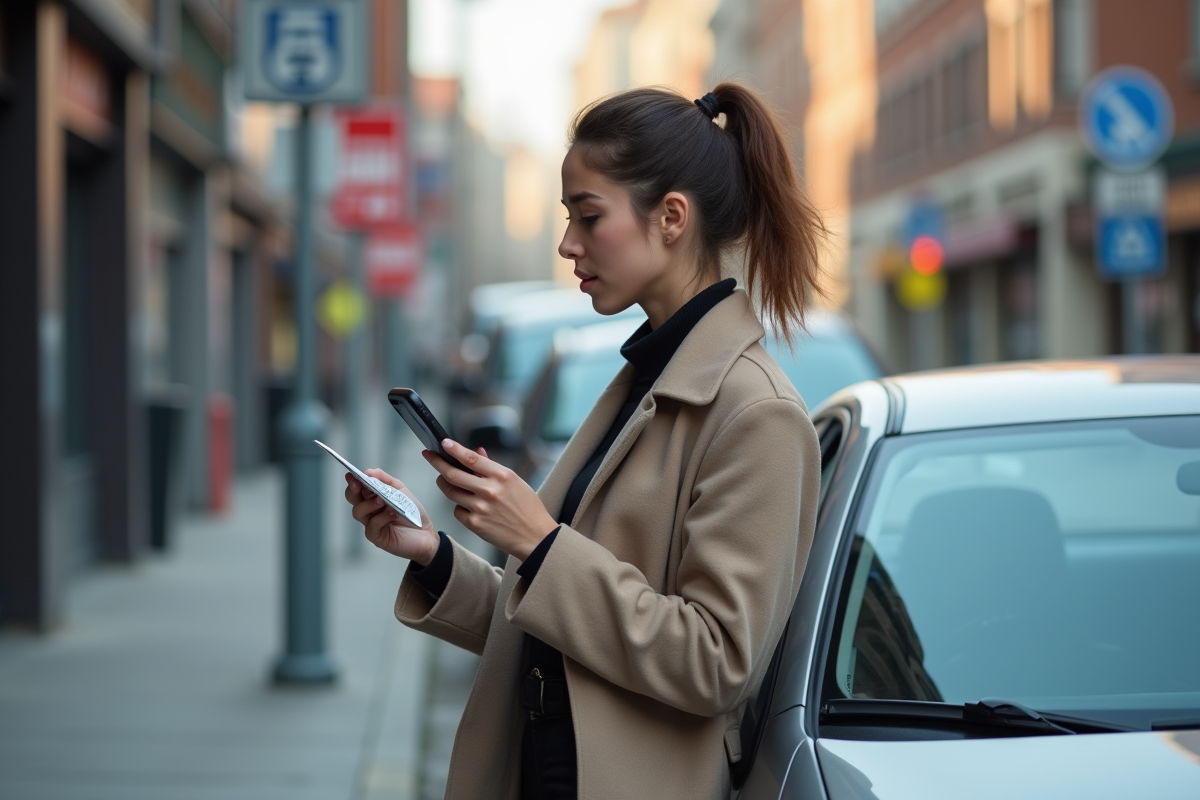 Jeune femme vérifiant un ticket de stationnement devant sa voiture