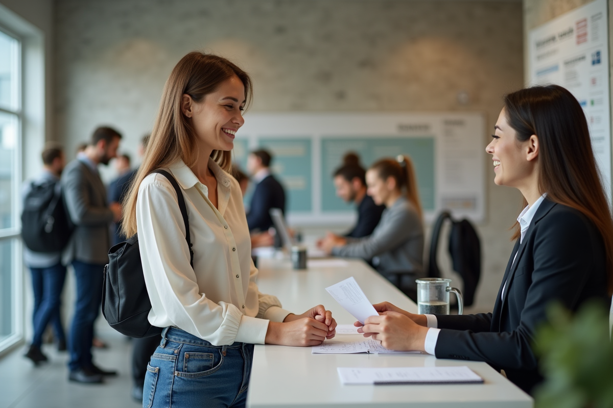 Femme remettant documents à un agent administratif