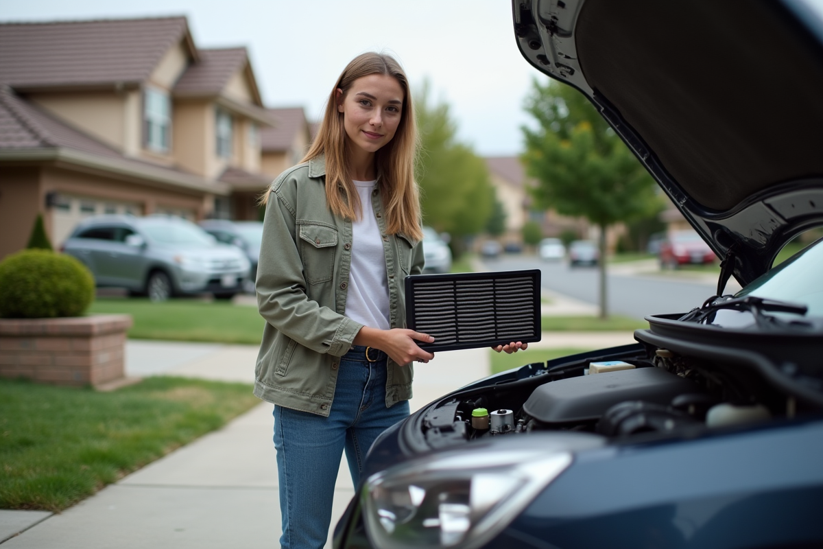Jeune femme tenant un filtre à air sale devant sa voiture