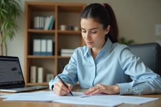 Femme consultant les documents de carte grise pour une primo-immatriculation à son bureau
