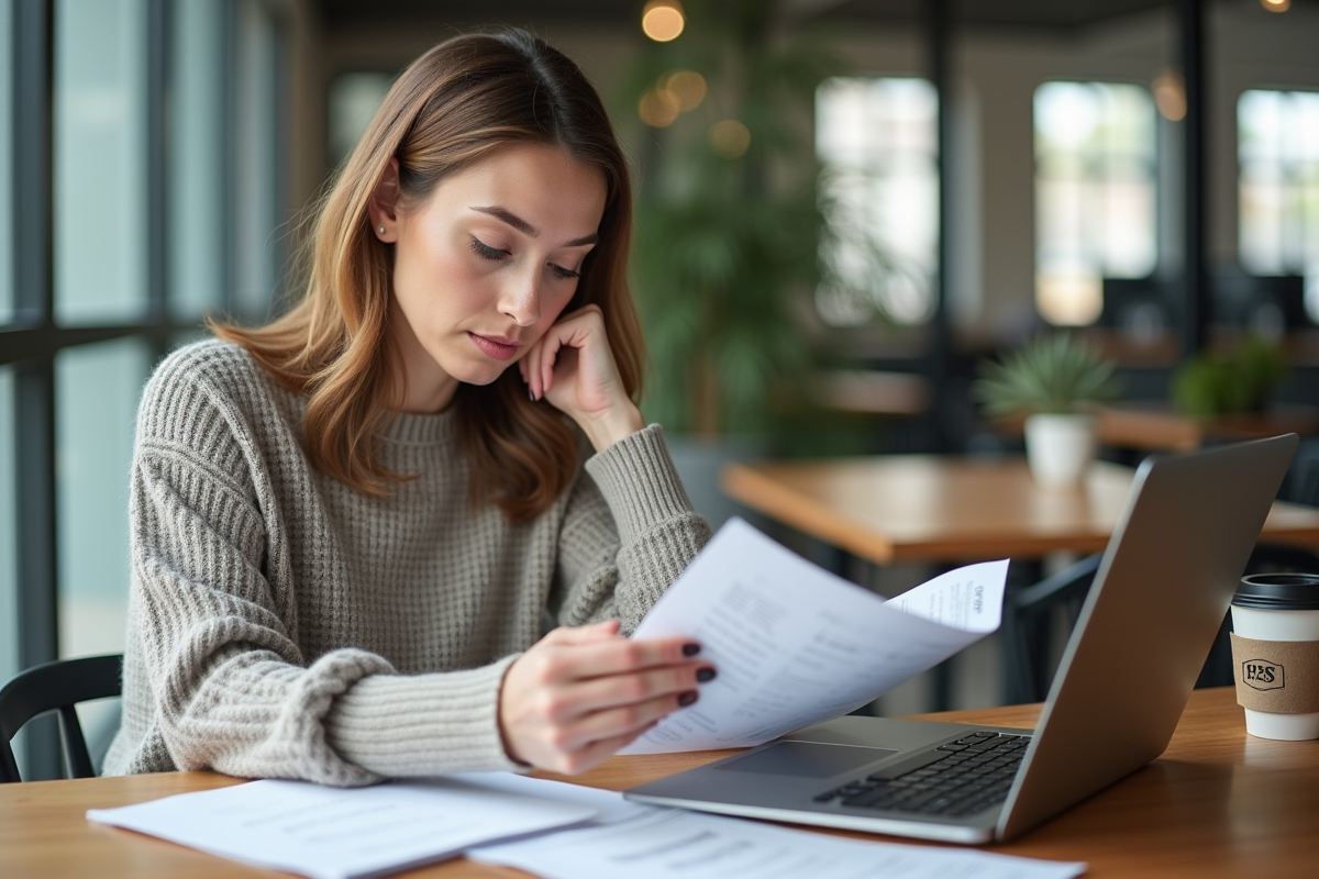 Femme examine brochures de franchise dans un espace coworking