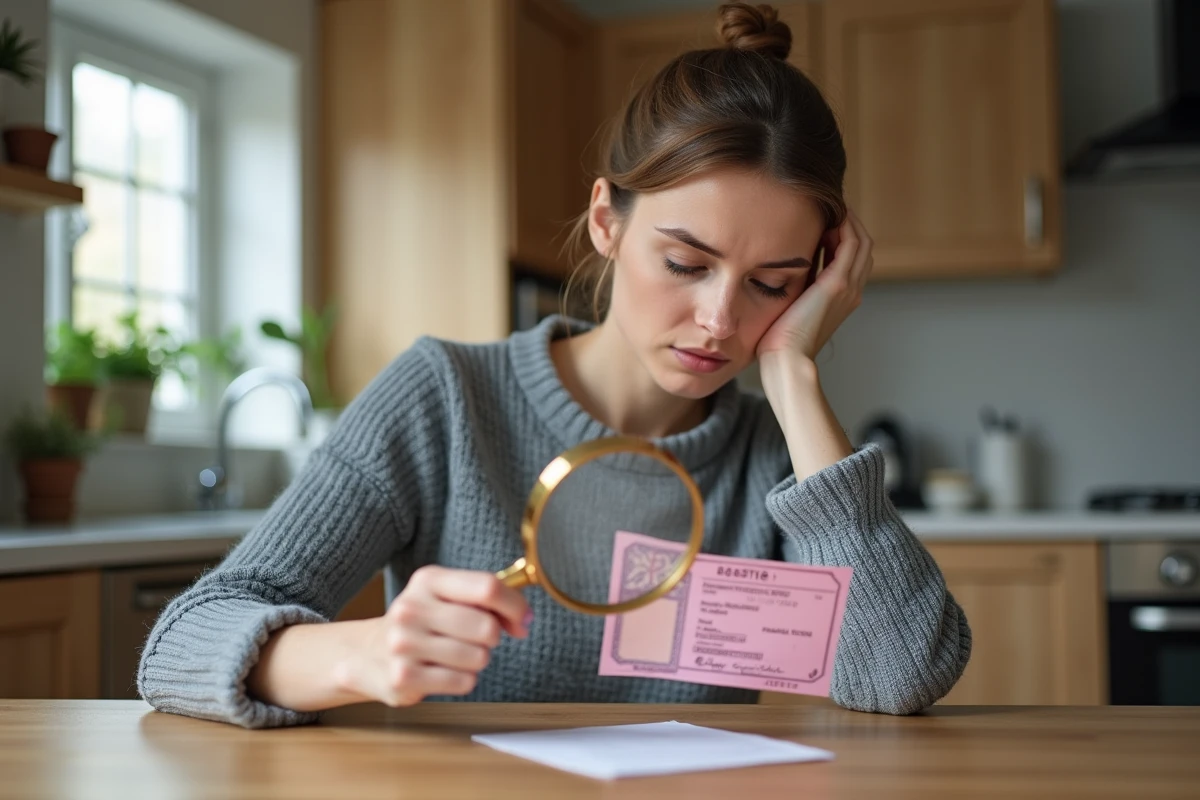 Femme examinant son ancien permis de conduire rose à la loupe pour trouver la date de délivrance