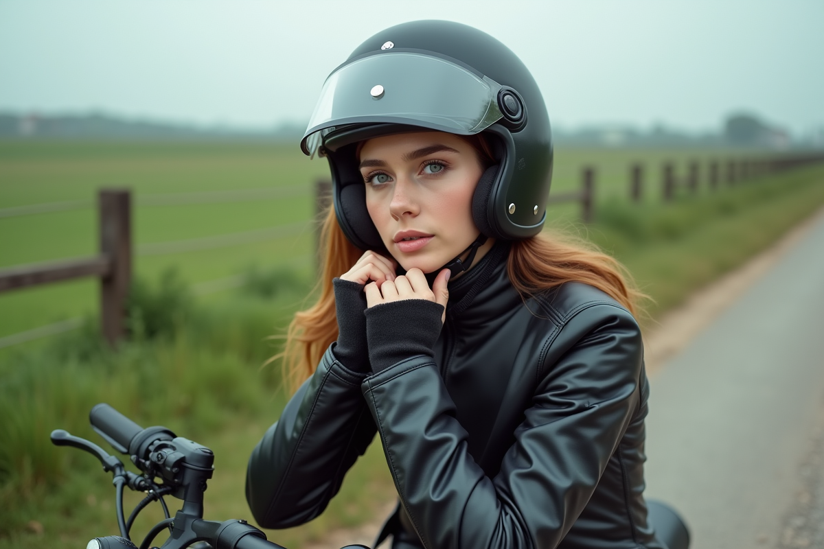 Jeune femme ajustant son casque sur une route rurale en moto
