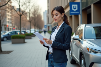 Femme professionnelle devant voiture hybride en ville