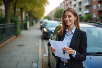 Femme vérifiant un formulaire d'assurance en extérieur