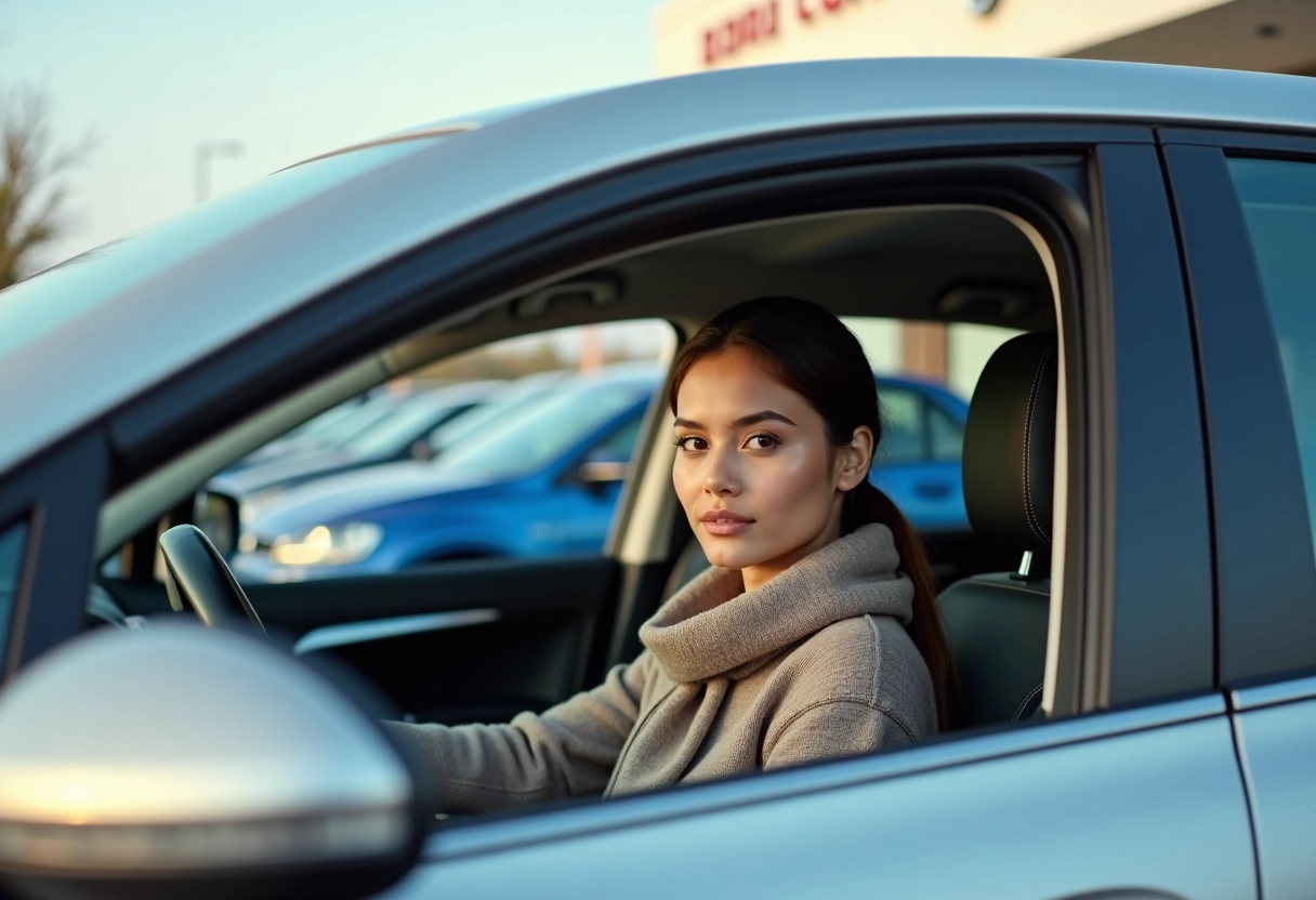 Femme examine l’intérieur d’une voiture en concession