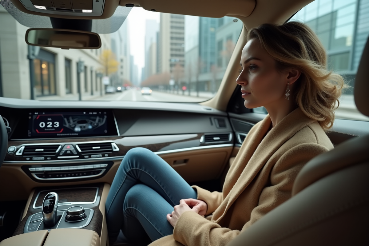 Femme élégante à l’intérieur d’une voiture haut de gamme