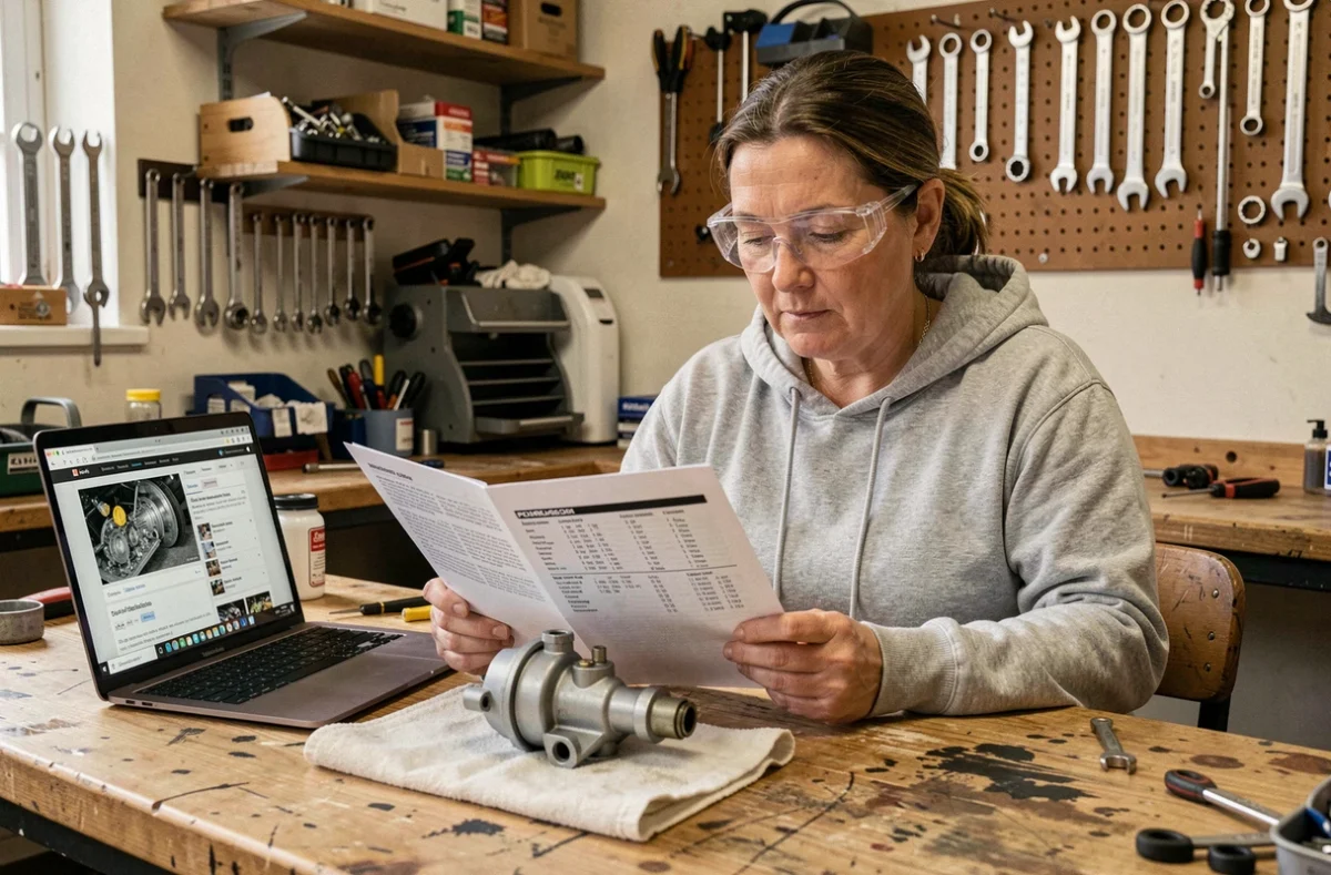 Femme mécanicienne amateur consultant un guide de réparation du code P0087 Peugeot sur un établi d'atelier