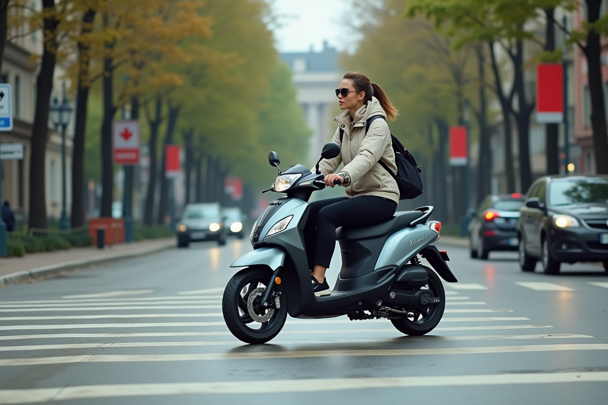 Femme manoeuvrant sa moto dans une intersection urbaine