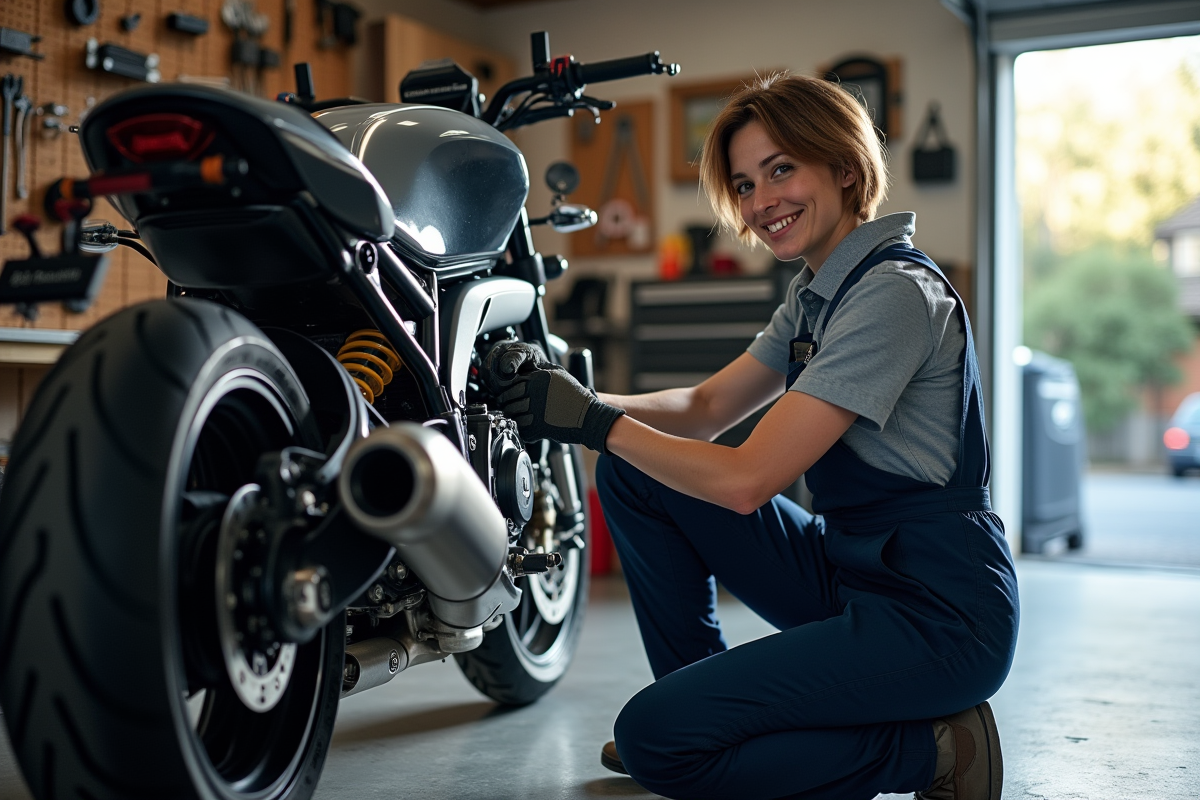 Jeune femme ajustant silencieux sur sa moto dans un garage