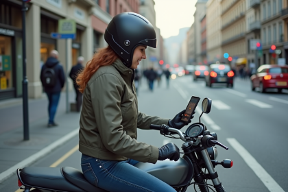 Femme en moto avec smartphone en ville