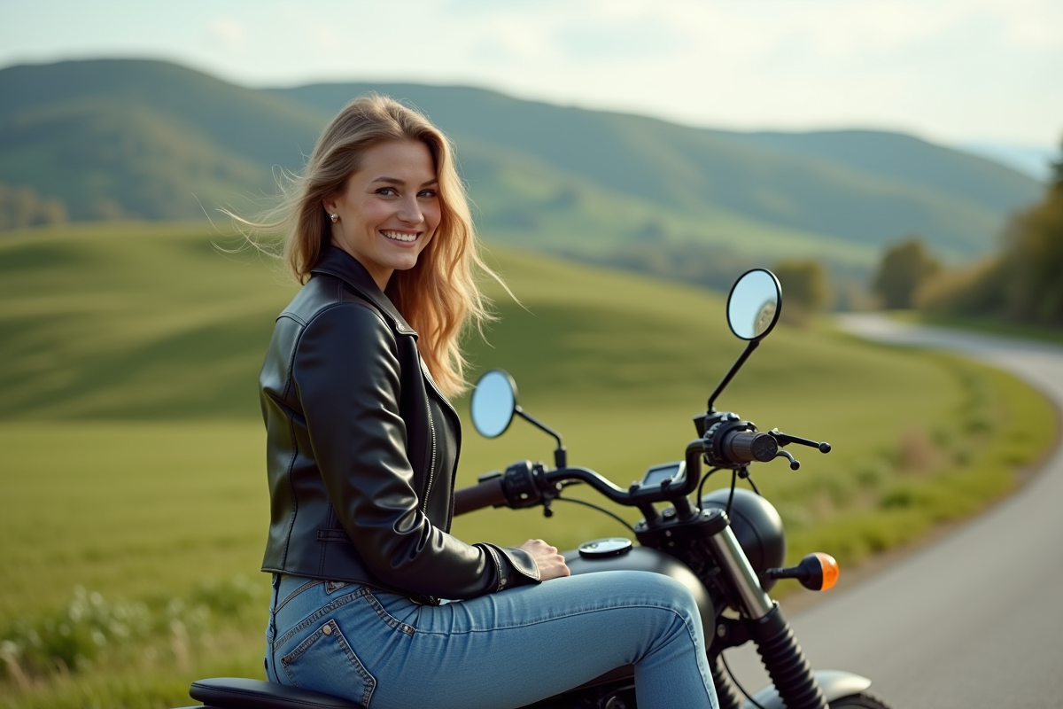 Jeune femme motard assise sur une moto en campagne