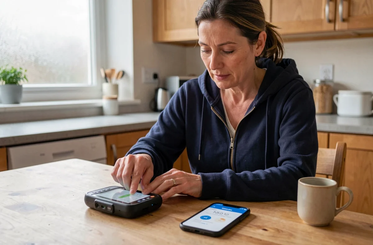 Femme paramétrant un GPS portable avec une application de conversion miles en kilomètres par heure sur smartphone