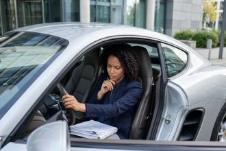 Femme en voiture Porsche Cayman pour assurance