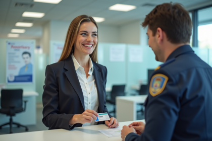 Femme recevant son permis de conduire à un guichet moderne