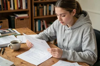 Jeune femme révisant ses questions de permis de conduire sur une feuille imprimée à son bureau