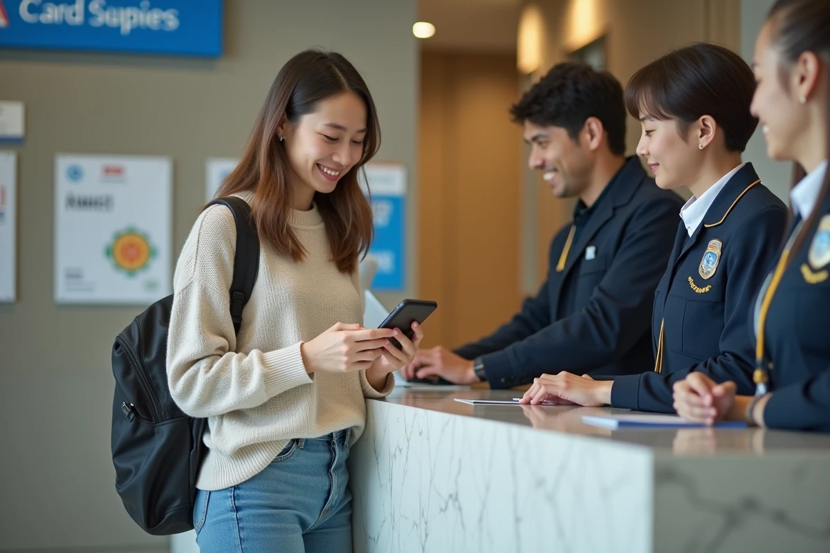 Jeune femme souriante au guichet administratif
