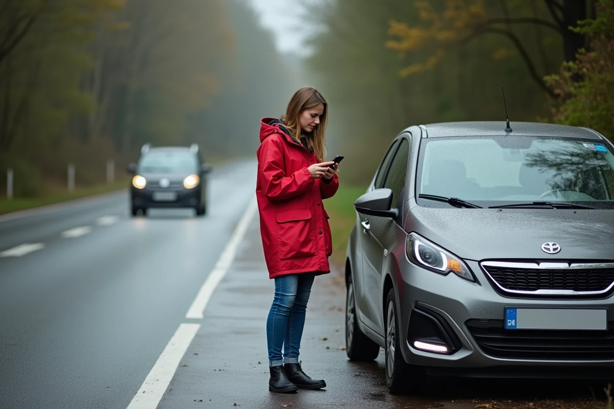 Jeune femme vérifiant son smartphone près de sa voiture