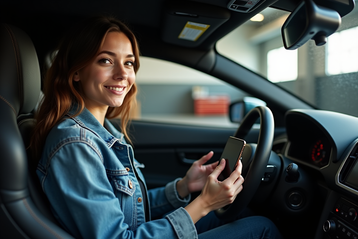 Jeune femme dans une voiture regarde le tableau de bord