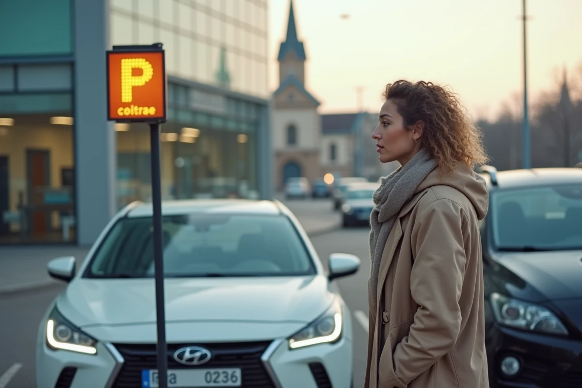 Jeune femme regardant un panneau de stationnement à Colmar