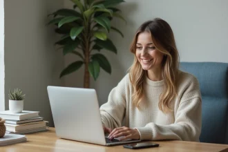 Jeune femme souriante travaillant à son bureau à domicile