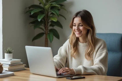 Jeune femme souriante travaillant à son bureau à domicile