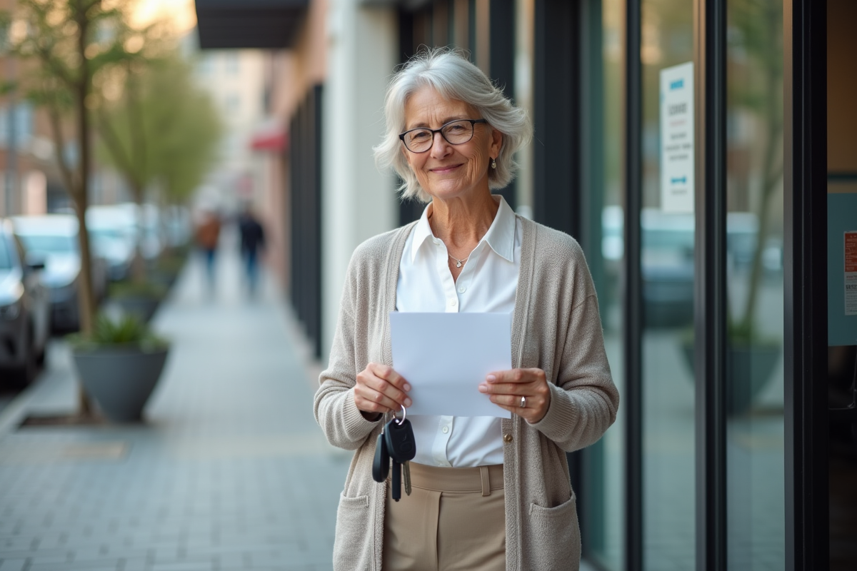 Femme de 61 ans souriante devant une clinique
