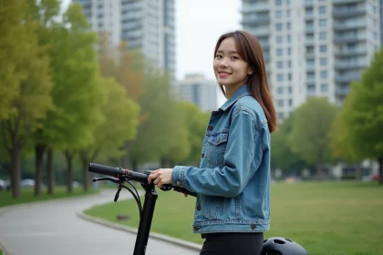 Femme en denim avec casque à côté d’un scooter électrique en ville