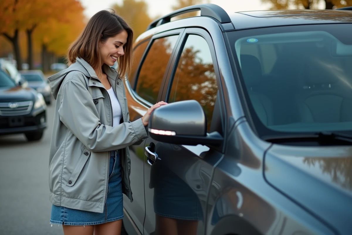 Femme inspectant un miroir de voiture restauré