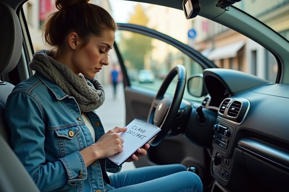 Femme vérifiant un code radio dans une Renault Clio dehors