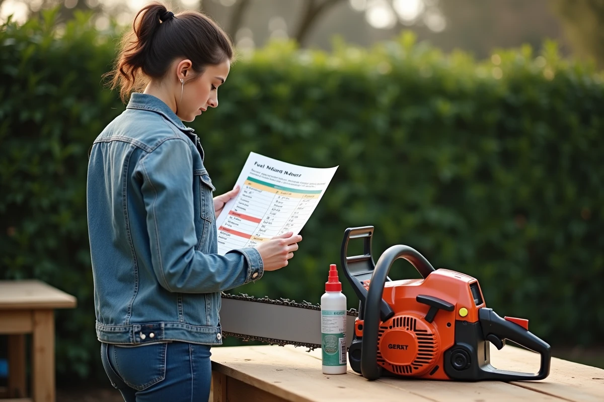 Femme lit un tableau de mélange carburant pour tronconneuse