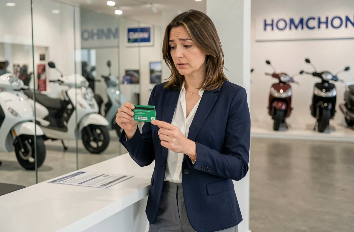 Femme tenant une vignette d'assurance scooter dans une concession de deux-roues