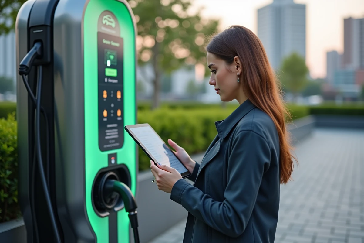 Jeune femme consulte une application de charge sur une tablette près d une borne électrique