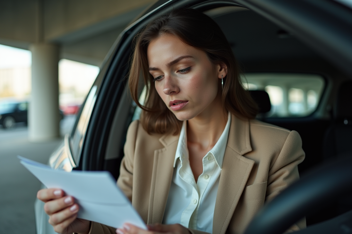 Jeune femme dans sa voiture examinant une enveloppe formelle