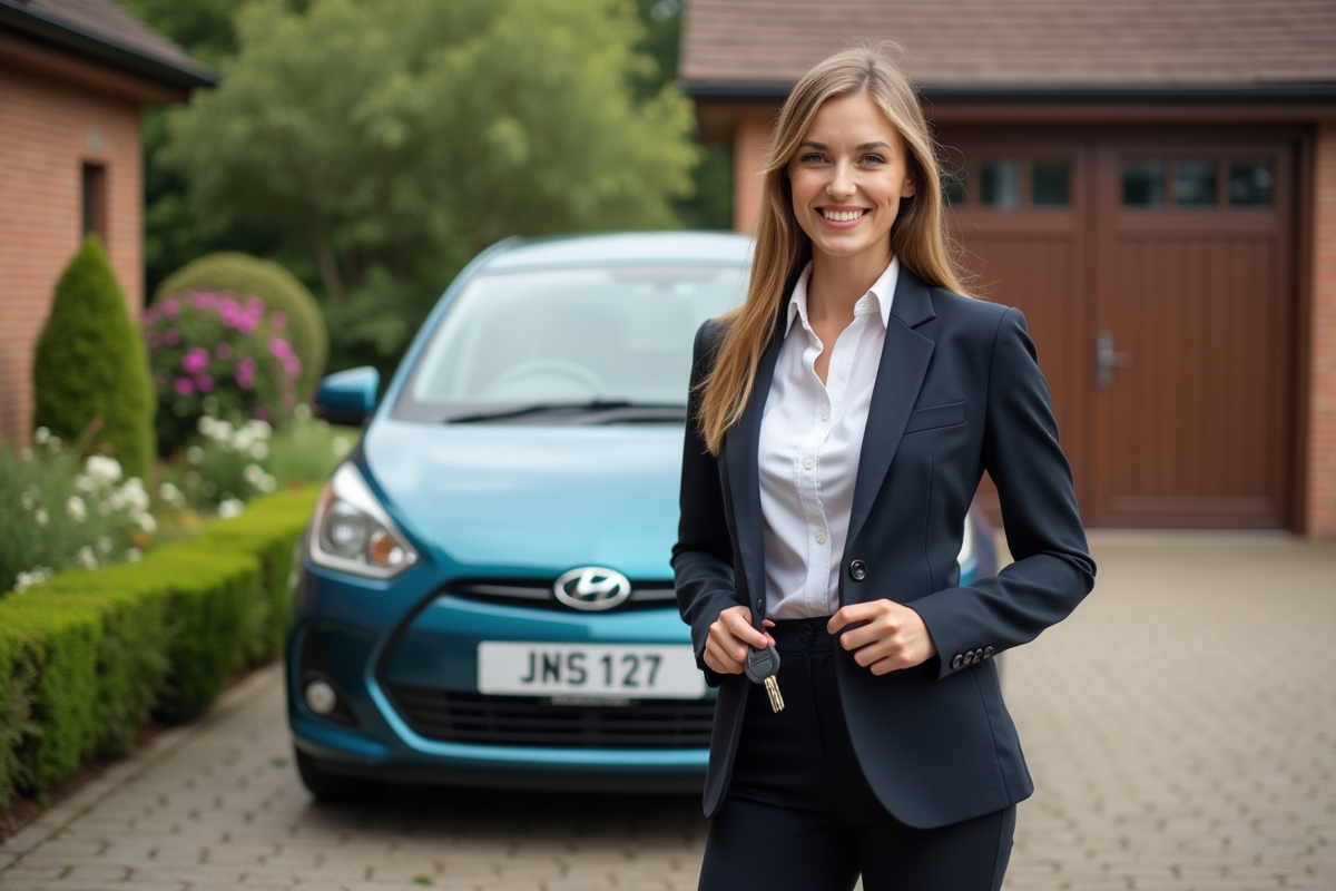 Jeune femme souriante avec voiture hybride dans la cour