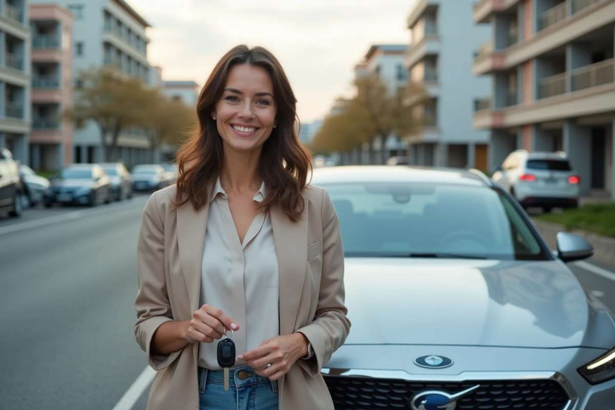Femme souriante avec sa voiture en parking urbain