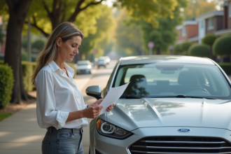 Femme d'âge moyen avec voiture moderne dans un quartier résidentiel