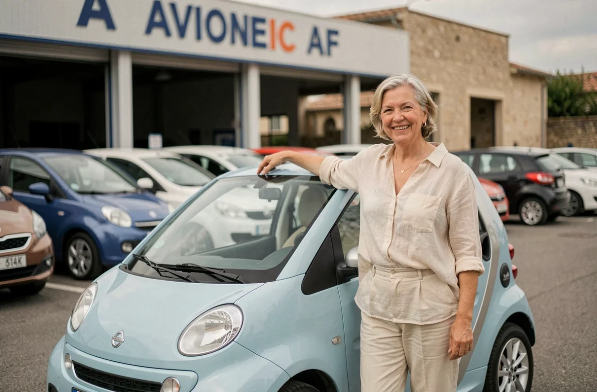 Femme inspectant une voiture sans permis d'occasion chez un concessionnaire en Vaucluse