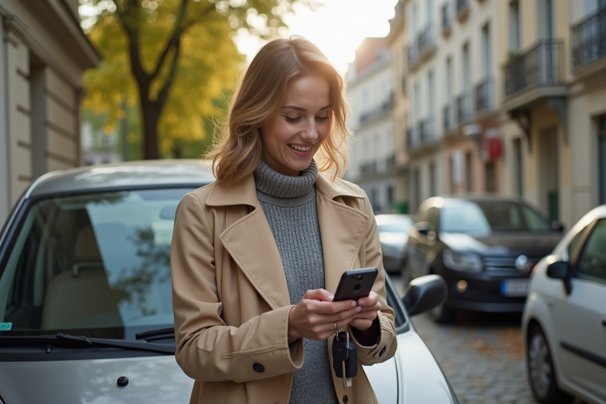 Jeune femme avec trench et clés de voiture dans la rue