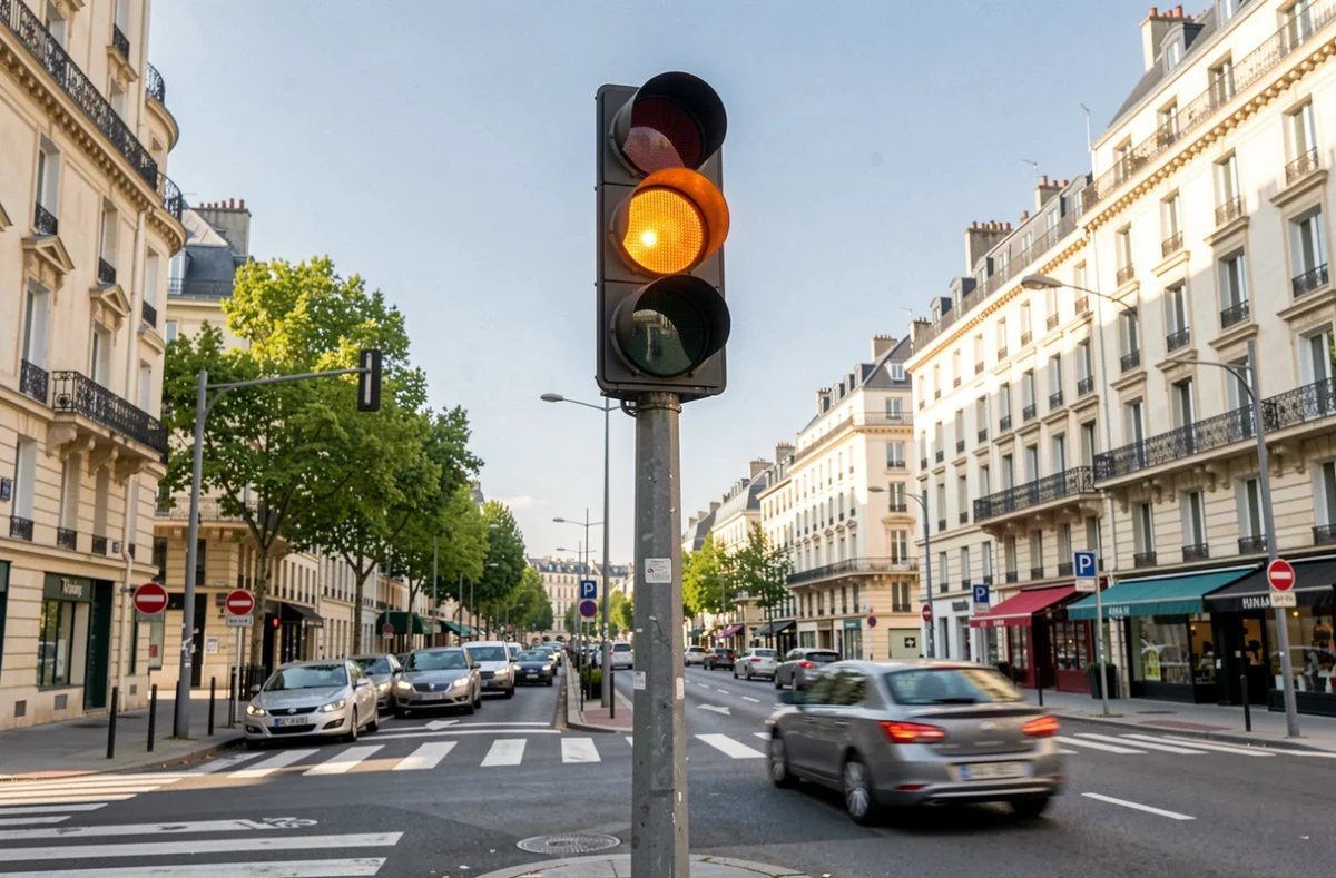 Feu de signalisation orange allumé à un carrefour urbain avec voitures en mouvement