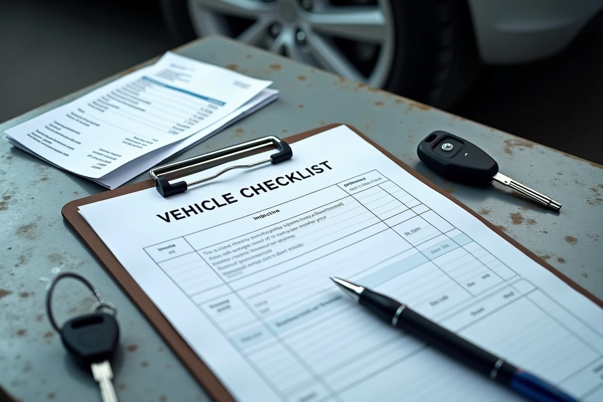 Fiche de contrôle technique et facture avec détail des coûts posés sur un établi de garage