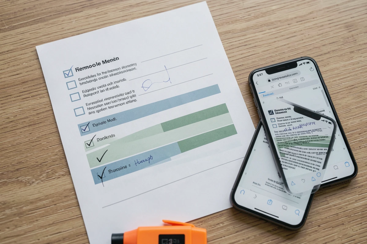 Fiche mémo PDF de vérification de permis imprimée sur une table en bois avec cases à cocher et smartphone affichant un document similaire