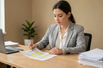 Jeune femme consultant une fiche mémo PDF de vérification de permis sur un bureau en bois, avec annotations manuscrites et surlignage