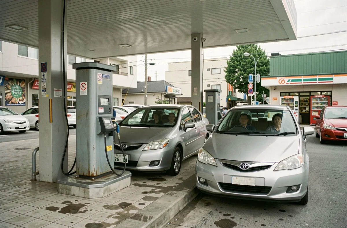 File d'attente de voitures devant un gonfleur automatique à une station-service urbaine aux heures de pointe