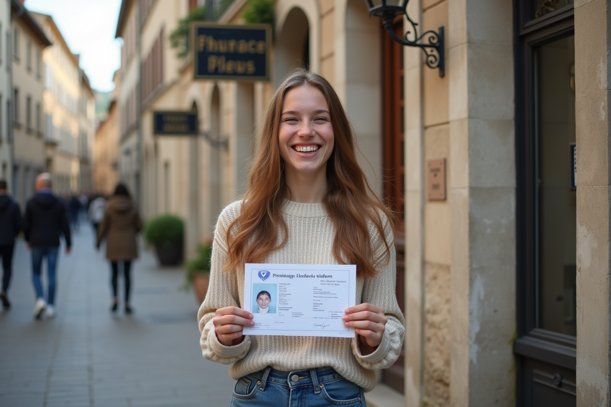 Fille de 17 ans souriante avec permis devant la mairie