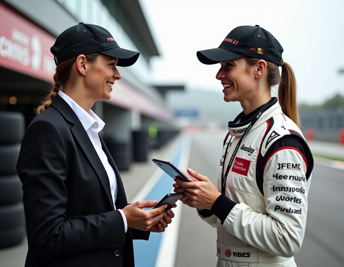 Directrice commerciale discutant d'un plan de financement de Cup Porsche GT3 avec un pilote en tenue de course dans la voie des stands