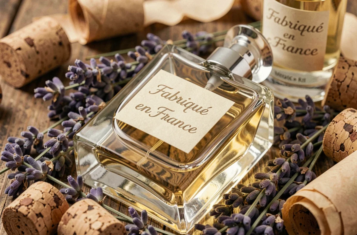 Flacon de parfum personnalisé gravé fabriqué en France posé sur de la lavande séchée pour une campagne publicitaire artisanale